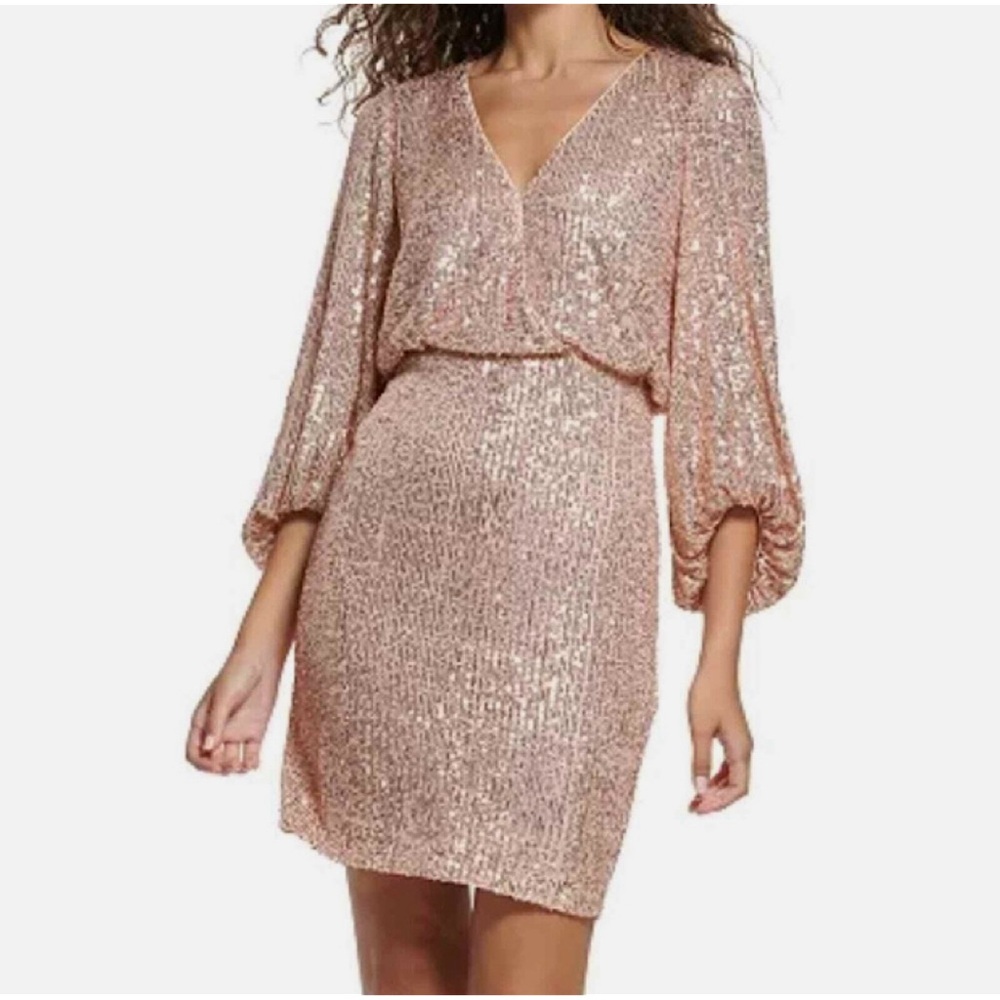 Eliza J Long Sleeved Sequinned Dress Mauve Pink V-Neck 6